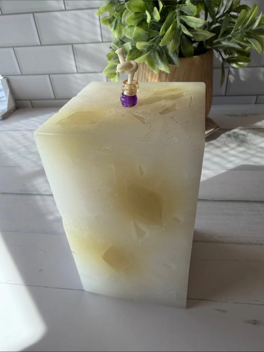 JMU White Pillar Candle with Purple Inlay